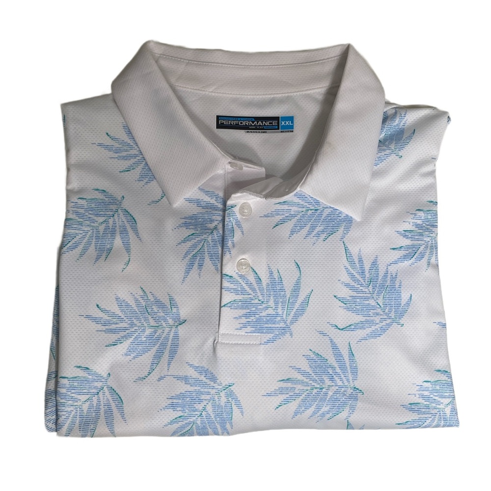 Roundtree & Yorke Performance XXL Polo Shirt White Blue Leaf‎ Palm Print Golf